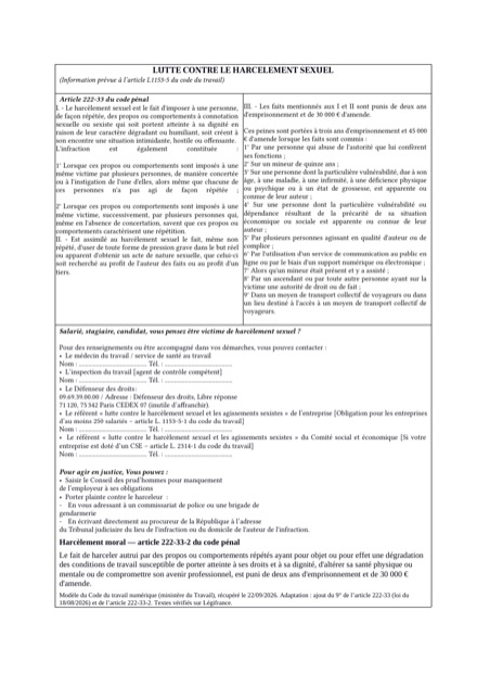 Affiche sur le harcèlement moral et sexuel, modèle du Code du travail numérique