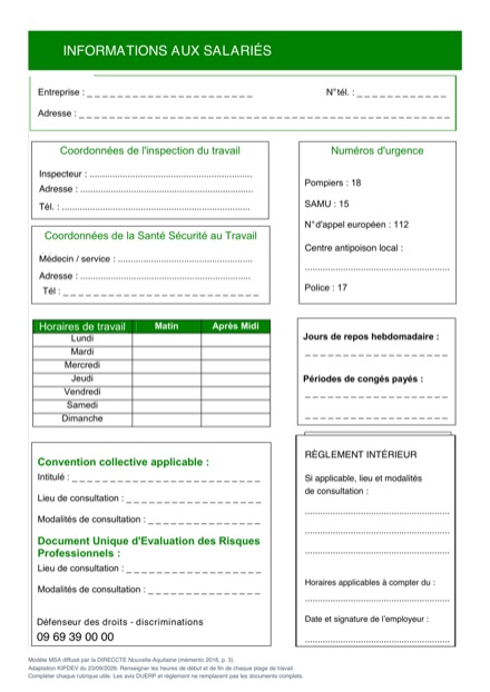 Panneau d'information des salariés : inspection du travail, médecine du travail, horaires, convention